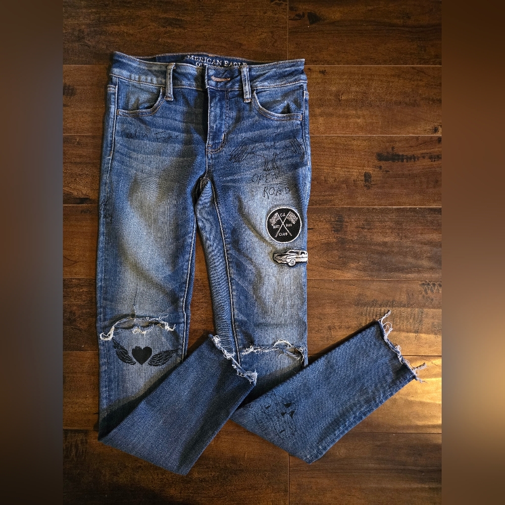 BOGO RARE American Eagle Distressed Jeggins with Patches And Painted Motifs
